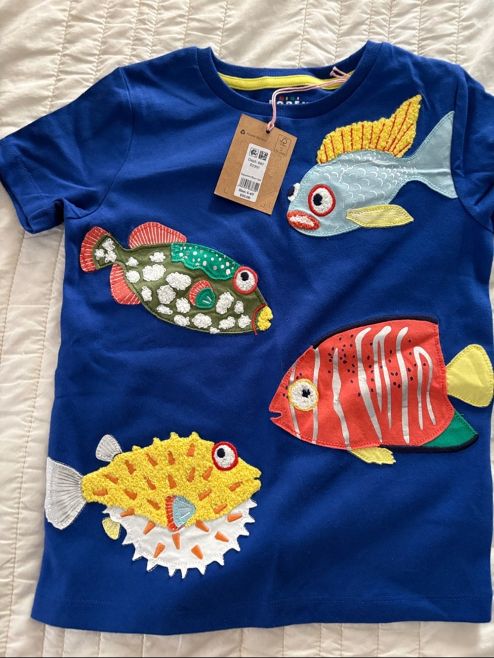 NWT Bright Blue Kids Tee with Colorful Fish Appliqués